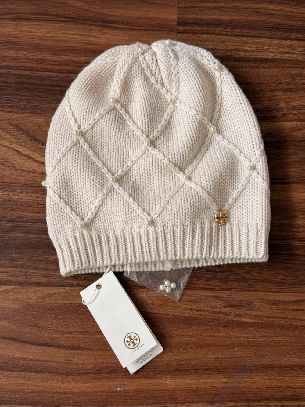 Tory Burch Pearl Cable Knit Beanie — Cream/Neutral